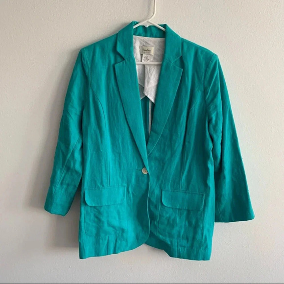 Vintage Neiman Marcus Teal Blue Oversized Linen Blazer Dad Jacket Coat - Picture 1 of 4